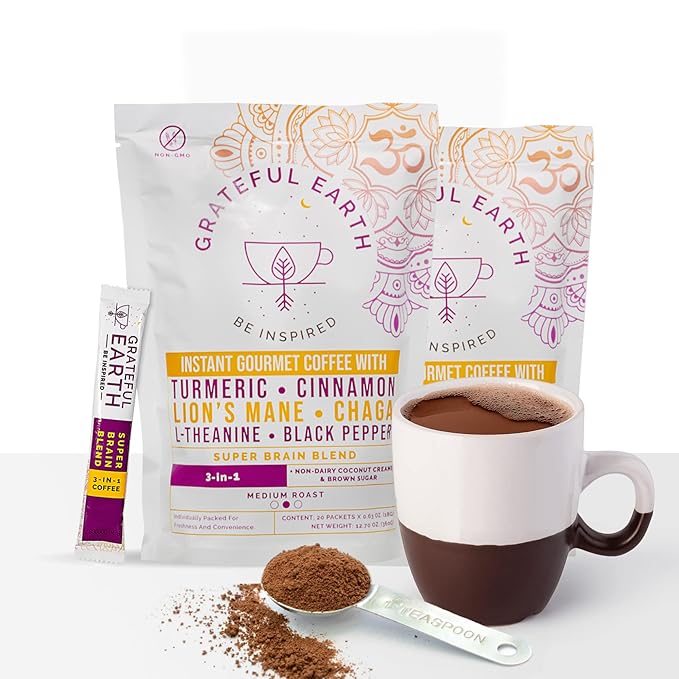 Grateful Earth Mushroom Coffee, Coconut Instant Coffee with Cinnamon, Turmeric, Lion’s Mane Mushrooms, L-Theanine, Chaga, Super Brain Blend, Energy & Immune Support, Dairy & Gluten Free, 2 Bags, 40 Ct