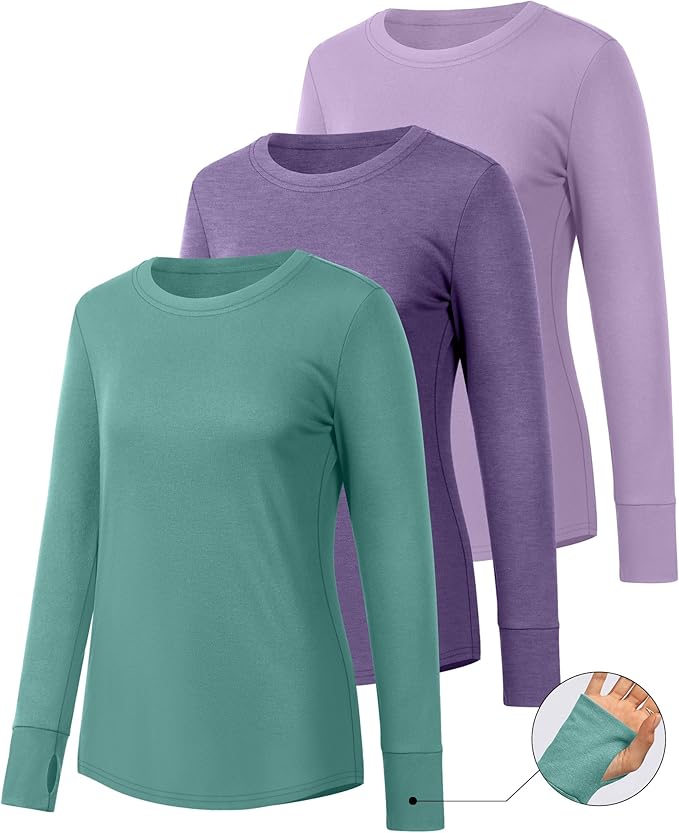 Huukeay 3 Pack Women's Long Sleeve Shirts with Thumb Holes, Cotton Casual Crew Neck Tunic Tops Fall Loose Y2k Trendy Outfits