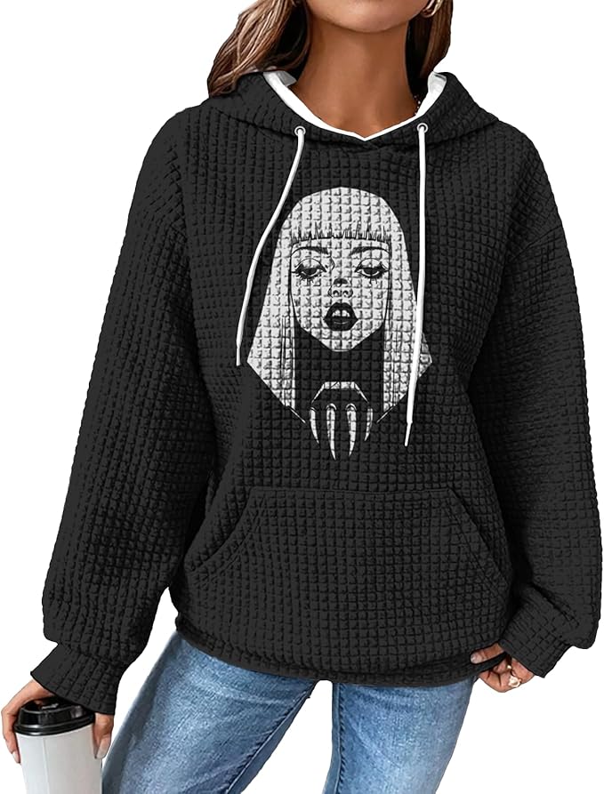 domirica Black Pullover Sweatshirts For Women Trendy Long Sleeve Waffle Sweatshirt With Hood Comfy Fall Clothing Qutfits