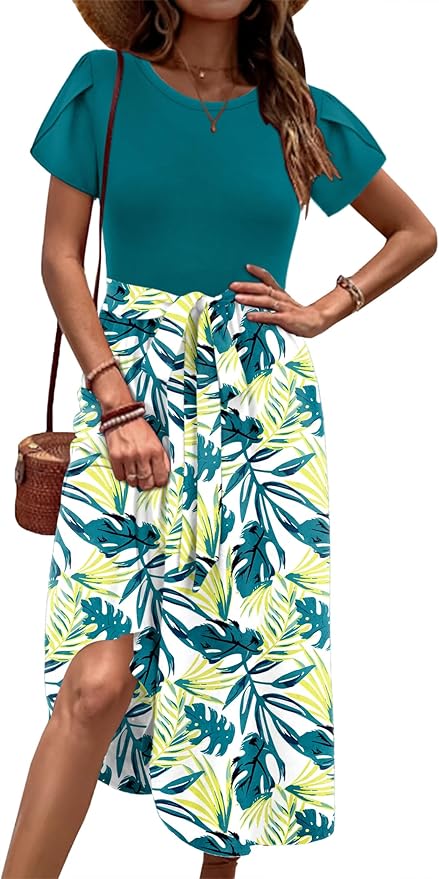Zeagoo Womens Midi Dress Summer Short Sleeve Dress with Pockets 2025 Casual Floral T-Shirt Dress Flowy Beach Sundress