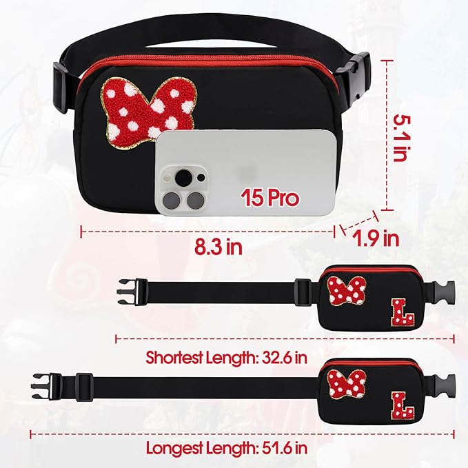 Chenille Initial Letter Bow Mouse Fanny Pack, Waterproof Park Crossbody Bag Christmas Birthday Gifts for Teen Girls Daughter Women Kids Adults, Cute Belt Bag Must Haves for Park Travel (L, Black)