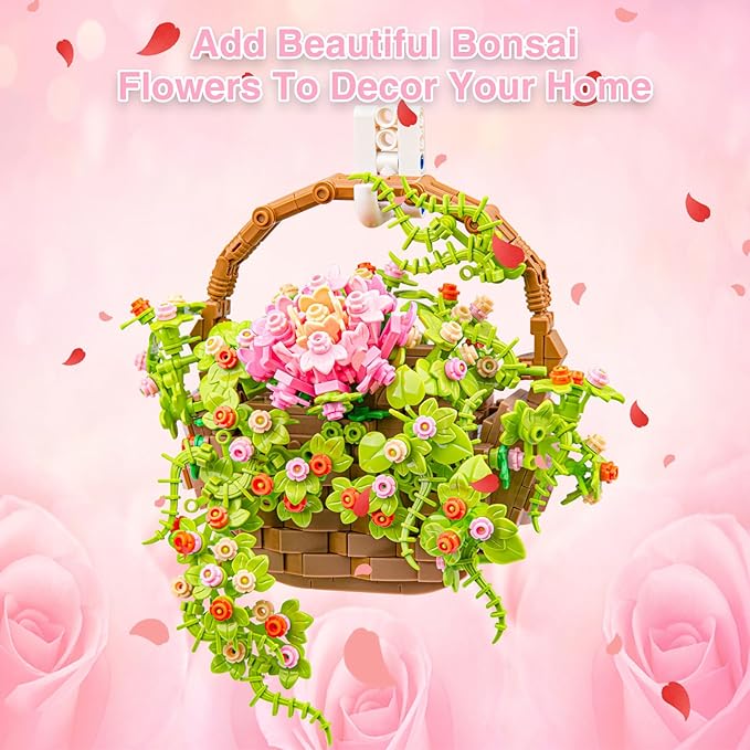 SATHIBI Flower Bouquet Building Set, Flowers Basket Bonsai Plants with Light, Botanical Collection Wall Decor, Creative Building Toy Gift for Adults (691 PCS)