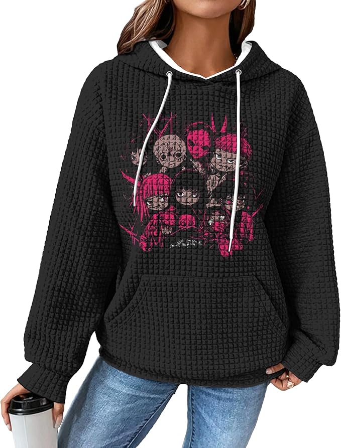 domirica Black Pullover Sweatshirts For Women Trendy Long Sleeve Waffle Sweatshirt With Hood Comfy Fall Clothing Qutfits