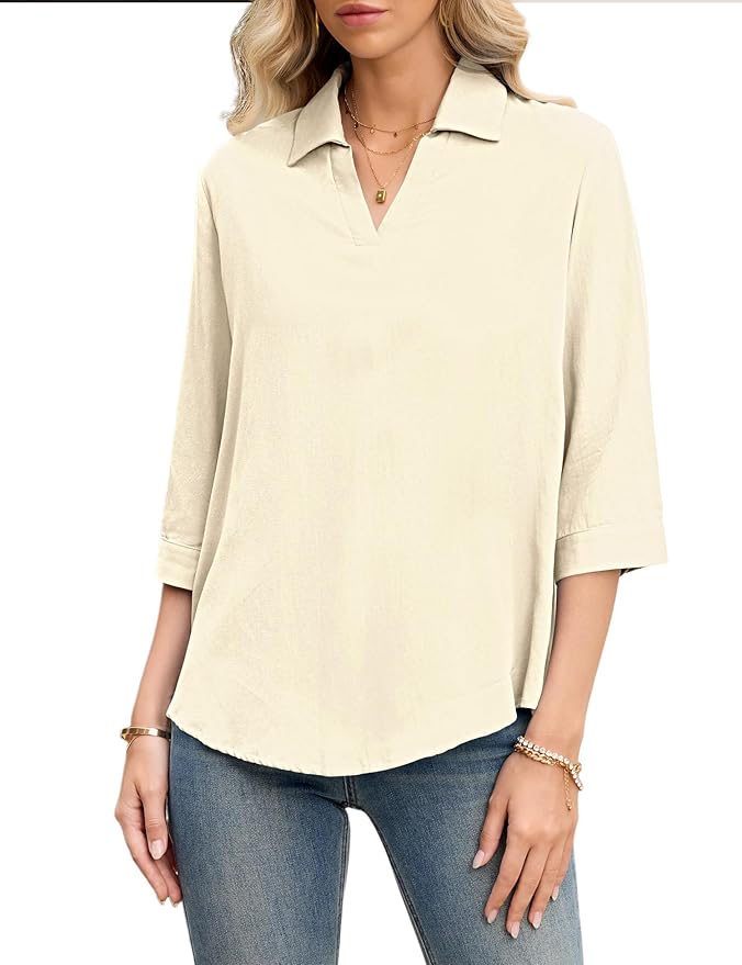 LOMON Womens 3/4 Sleeve Tops V Neck Cotton Linen Work Blouse Polo Shirts for Women Business Casual 2026