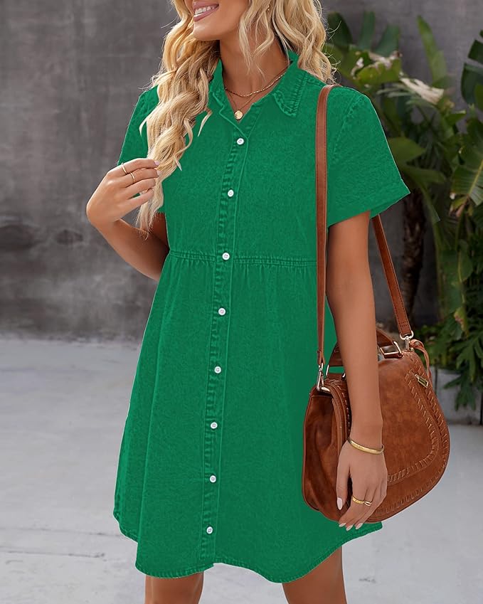 LookbookStore Women's Short Sleeve Button Down Flowy Tiered Babydoll Denim Dress