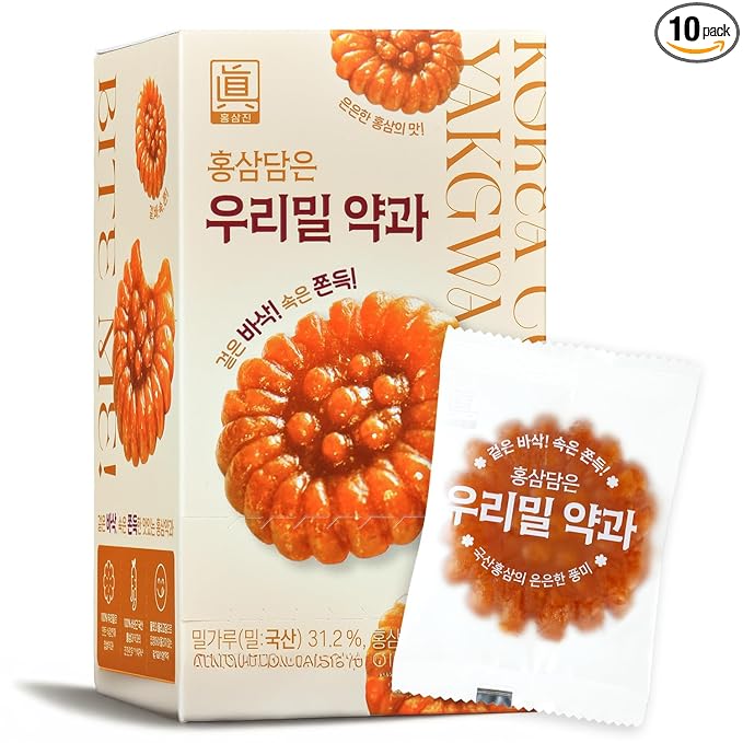 Korean Food Hongsamjin Korean honey cookies Yakgwa(10ea) Premium Korean Traditional Snack, Flower Cookies, Made with 6-Year-Old Red Ginseng, Crispy & Chewy Texture, Individually Wrapped, Healthy Sweet Treat, 홍삼 약과