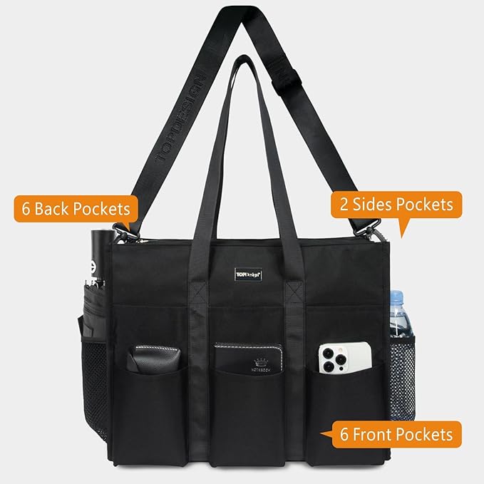 TOPDesign Utility Water Resistant Tote Bag with 22 Pockets, Top Zipper Closure & Thick Bottom Support, for Working Women