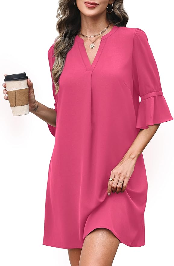 RUMIA Shift Dress for Women V Neck Ruffle Short Sleeve Loose Casual Summer Dress