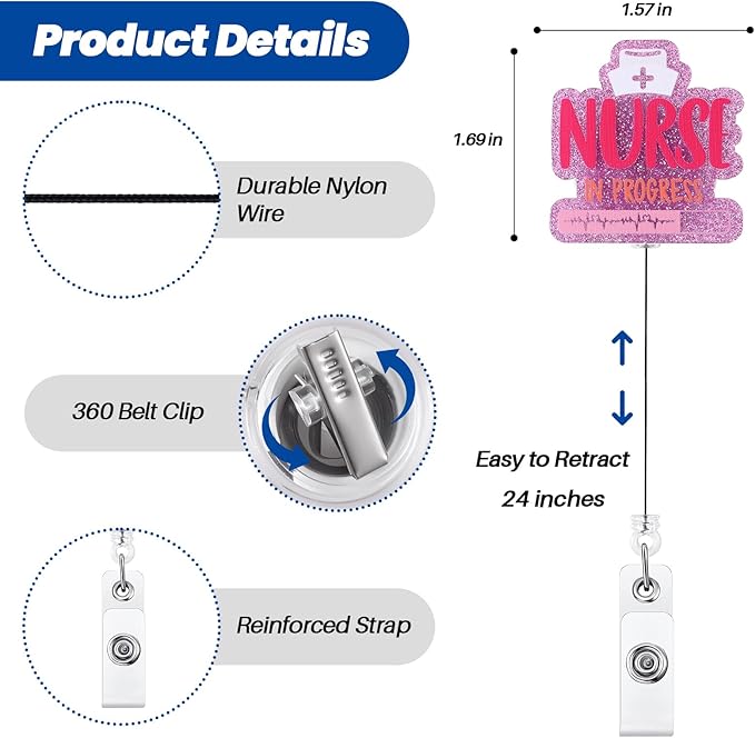 Nurse in Progress Funny Badge Reel, Pink Retractable ID Card Badge Holder, Name Tag Work Badge Clip for ICU Night Shift RN LPN CNA MA ER Nursing Student OB/GYN L&D Doctor, Cute Nurse Gifts