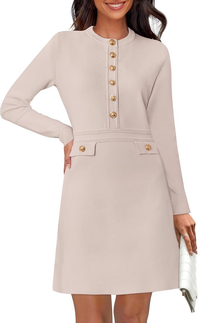 NENONA Women's 2026 Long Sleeve Fall Winter Sweater Dress Spring Fashion Button Elegant Business Casual Work Mini Dresses