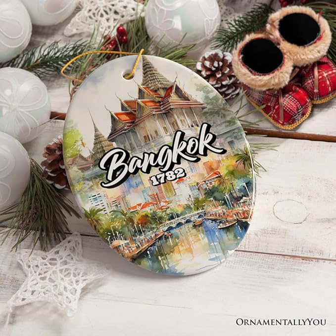 Lively Bangkok City Artistic Ceramic Ornament, Thailand Souvenir and Christmas Decor Keepsake (Oval)