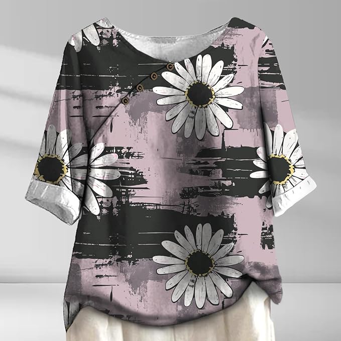 Women's Shirts Dressy Casual Asymmetric Side Button Down Design Tops Summer Loose Fit Crewneck Graphic Tees