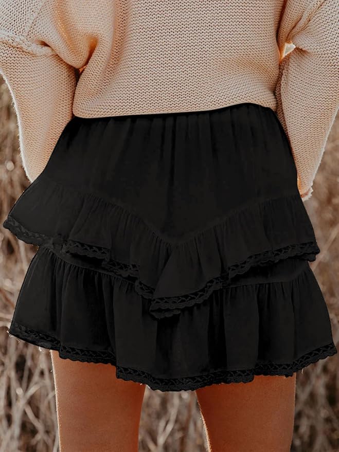 Aoudery Flowy Shorts for Women Casual Boho Ruffle Tiered Skorts High Waist Mini Skirts Golf Tennis Crochet Shorts