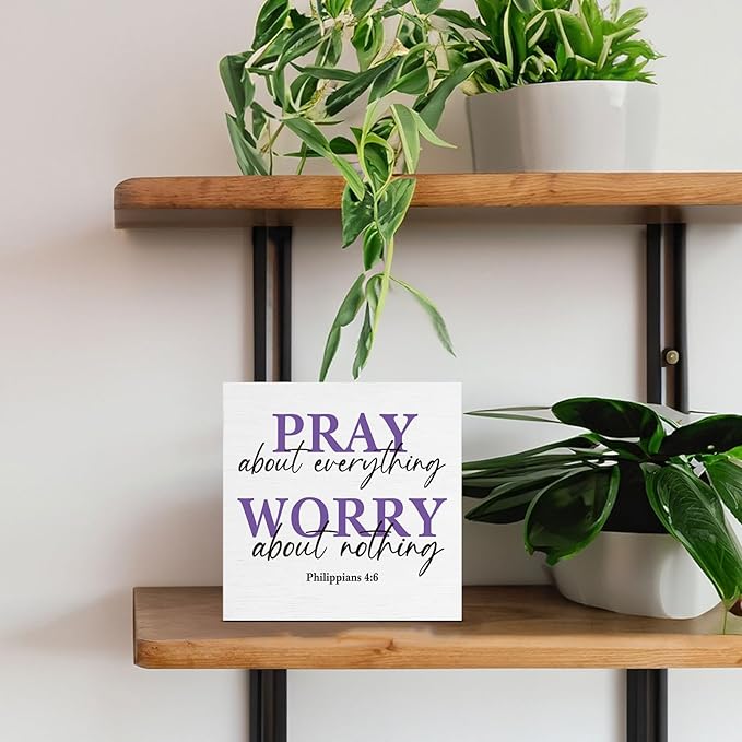 Purple Desk Decor, Christian Gifts for Women Friends, Pray About Everything Worry About Nothing Wood Sign for Home Office Prayer Room Decor