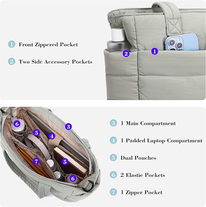 AOCINA Puffer Tote Bag for Women Quilted Work Bag Nurse Bags Women's Shoulder Handbags for Travel Gym Gifts Laptop Purse