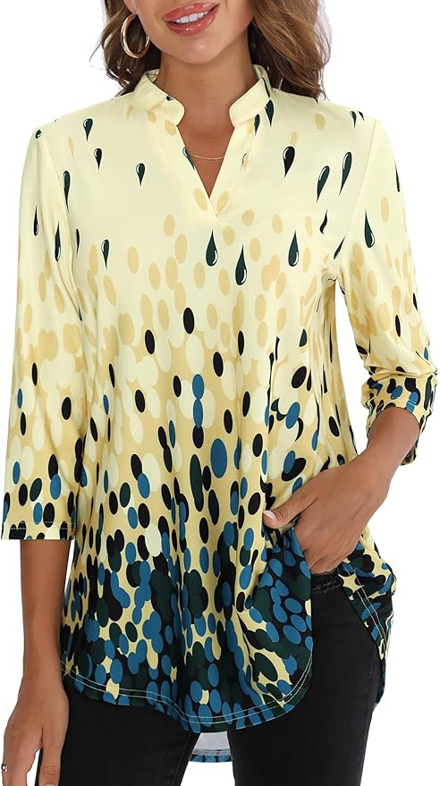 BAISHENGGT 3/4 Sleeve Tops for Women Notch V Neck Floral Work Blouses Dressy Casual Loose Fit Going Out Tunic Tops