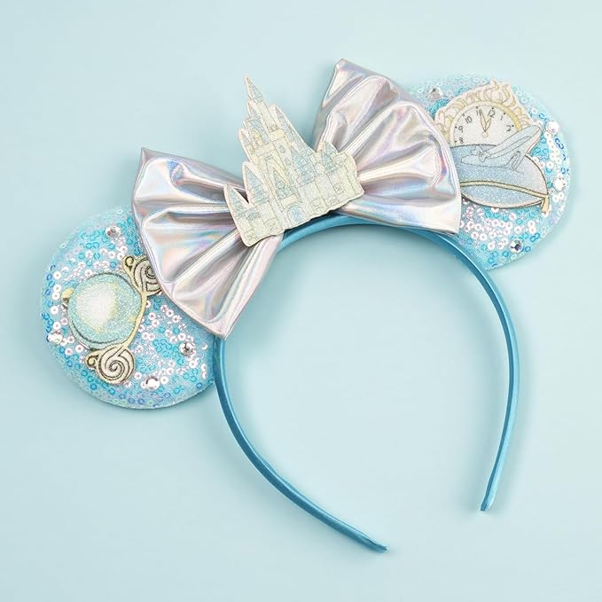 bianbaistar Blue Sequined Mouse Ear Headband with Castle and Timepiece Decorations - A Magical Accessory for Theme Parks and Parties