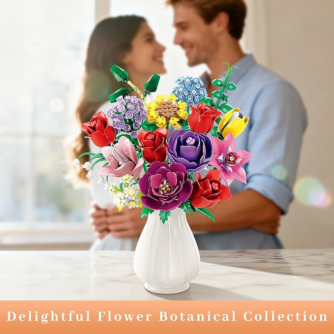 Loyratche Flower Bouquet Building Set, Compatible with Lego Flowers, 16 Flowers Rose Building Block, Artificial Flowers Botanical Collection Building Block Toy Plant Home Decor, Gift for Her (907 PCS)