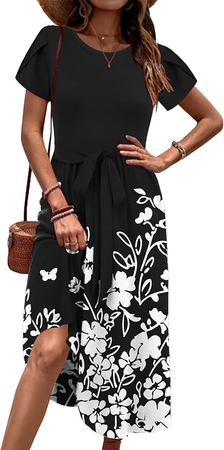 Zeagoo Womens Midi Dress Summer Short Sleeve Dress with Pockets 2025 Casual Floral T-Shirt Dress Flowy Beach Sundress
