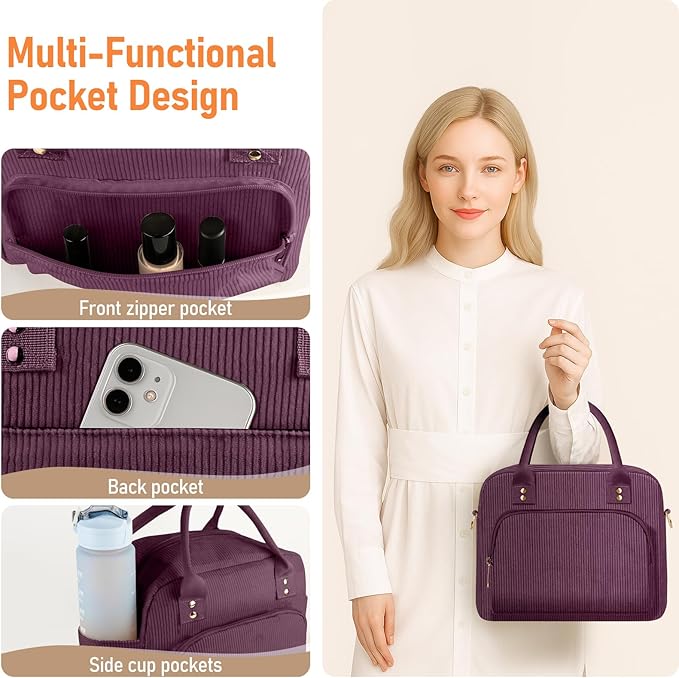 Lunch Bag Large Insulated Lunch Box for Women Men Adult Cute Purple Lunchbox Corduroy Lunch Bags Boxes Pail with Adjustable Shoulder Strap for Work Mom Picnic Office Travel 11.4×6.8×9.1 inches 11.5L