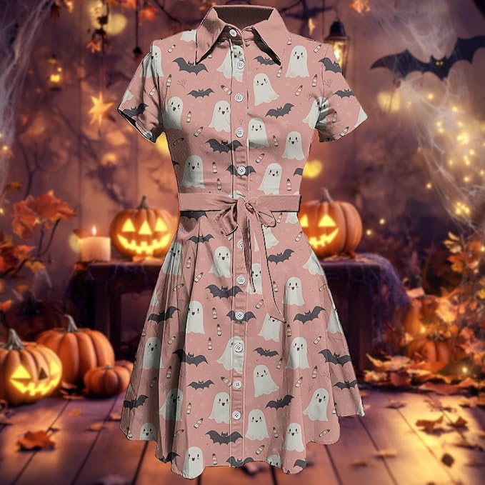 MARSVOVO Cute T Shirt Dress for Women Short Sleeve Button Up Tie Waist Elegant Casual Collared Smocked Midi Dress