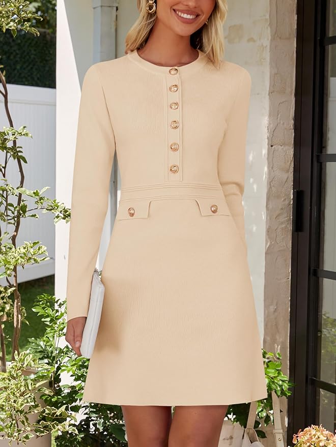 NENONA Women's 2026 Long Sleeve Fall Winter Sweater Dress Spring Fashion Button Elegant Business Casual Work Mini Dresses