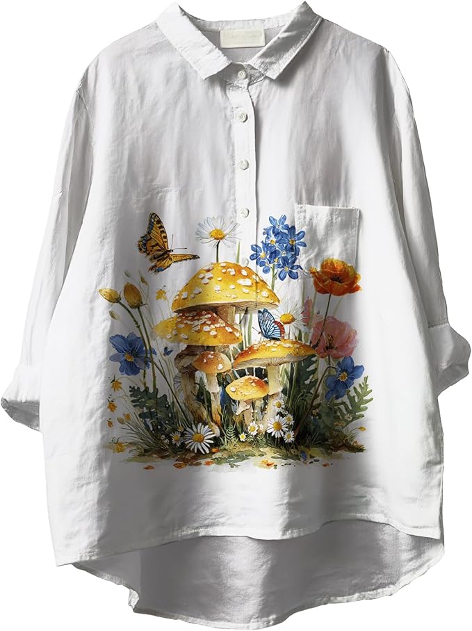 Women Funny Graphic Long Sleeve Floral Blouses Plus Size Button Shirts Casual Cute Vneck Fall Tunic Tops Trendy