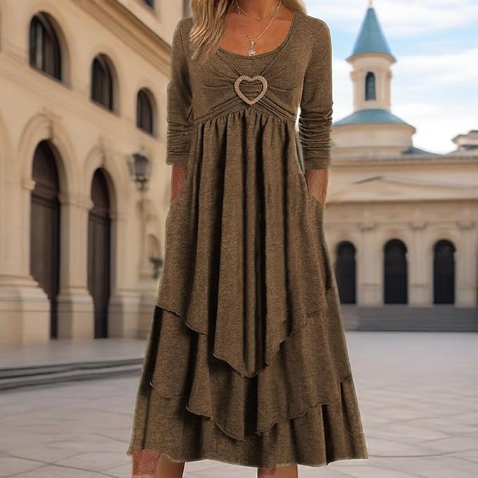 Winter Dresses for Women Wedding Guests Casual Cute Heart Long Sleeve Tiered Maxi Dress with Pockets Plus Size