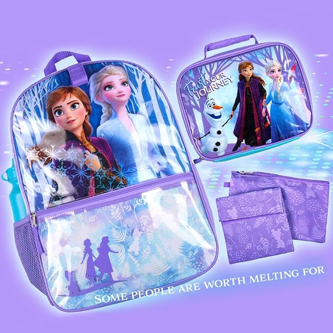 Bioworld Disney Frozen Anna Elsa Olaf Trust Your Journey 5 PC Backpack Set Tote Bag