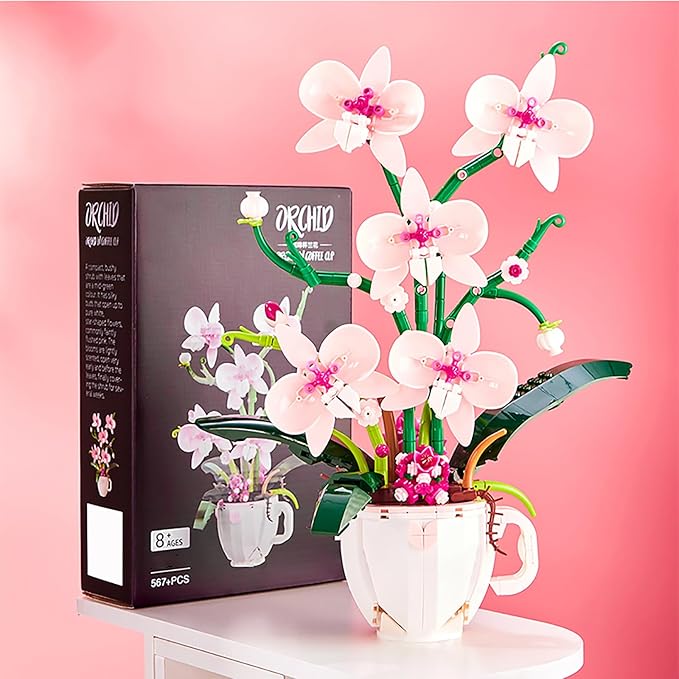 iixeal Pink Orchid Flower Building Set for Adults, Coffee Cup Orchid Botanical Collection Plant Building Kit, Home and Office Decor Gift for Christmas Day, Valentines, Birthday 567pcs