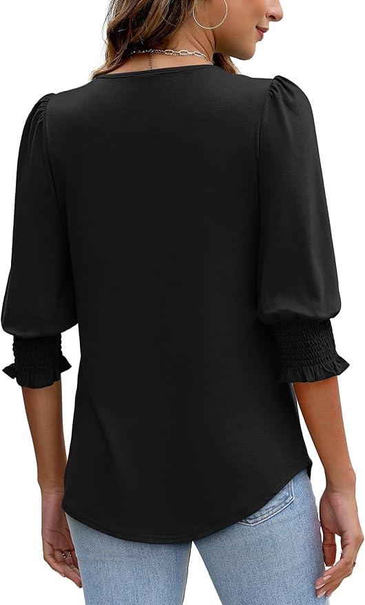 XIEERDUO Blouses for Women Dressy Casual 3/4 Length Sleeve Womens Tops with Smocked Cuffs