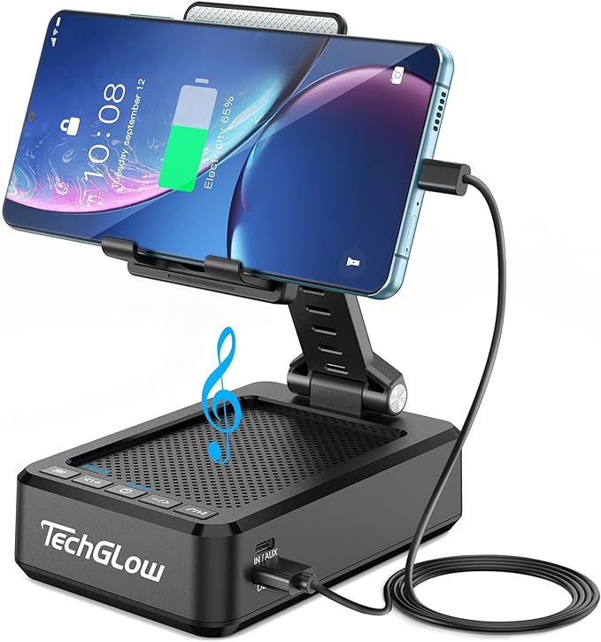 TechGlow Foldable Cellphone Stand with Bluetooth Speaker and Charging Function Birthday Gifts for Men Women Mother Father Boy Girl Teens Cool Tech Gadgets