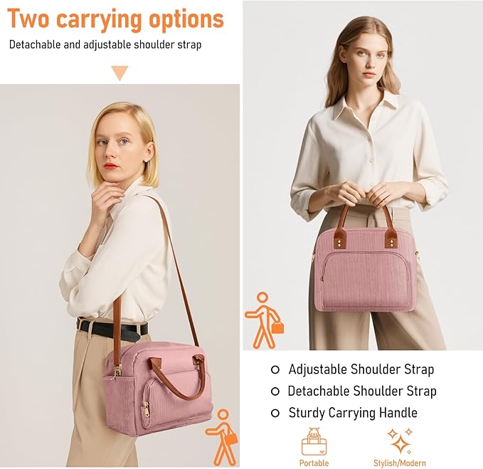 Lunch Bag Large Insulated Lunch Box for Women Men Adult Cute Pink Lunchbox Corduroy Lunch Bags Boxes Pail with Adjustable Shoulder Strap for Work Mom Picnic Office Travel 11.4×6.8×9.1 inches 11.5L