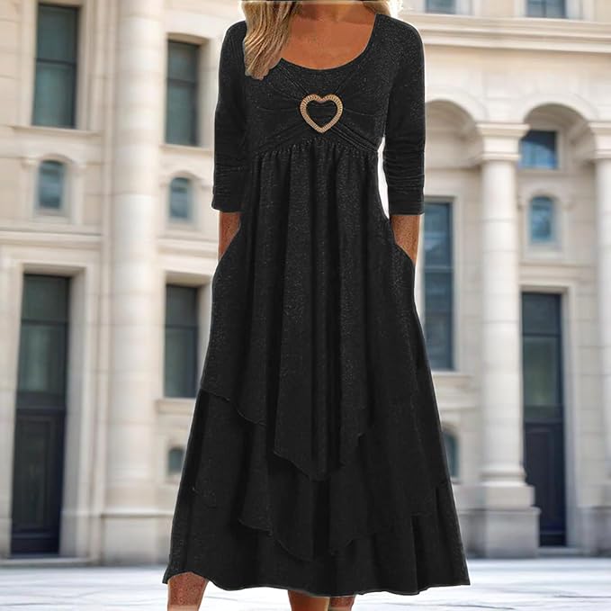 Winter Dresses for Women Wedding Guests Casual Cute Heart Long Sleeve Tiered Maxi Dress with Pockets Plus Size