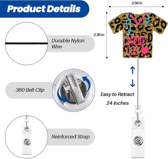 Leopard Scrub Life Funny Badge Reel, Cute Retractable ID Card Badge Holder, Name Tag Hospital Badge Clip for ICU RN LPN CNA MA ER Night Shift Nurse Nursing Student OB/GYN RAD L&D Doctor, Nurse Gifts