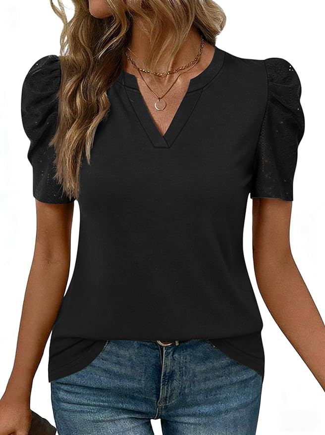 Lomon Spring Summer Tops for Women 2026 V Neck Puff Short Sleeve Tops Fashion Trendy Work Blouses Dressy Casual S-XXL