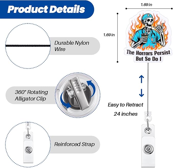 The Horrors Persist But So Do I Funny Heavy Duty Badge Reel | Retractable ID Card MRI Safe Badge Holder | Name Tag Medical Work Badge Clip for RN LPN CNA MA ER Night Shift Nurse Doctor | Nurse Gifts
