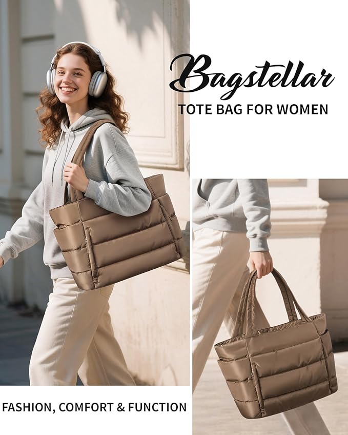 Puffer Tote Bag for Women, Lightweight Puffy Work Handbag Teacher Nurse Quilted Shoulder Bag for School Travel Gym | Quilted, with Zipper, Daily Carry On Bags, Comfy College Bags, 15.6" Laptop Sleeve, Cup Holder Pocket, Portable, Spacious