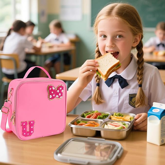 Preppy Initial Bow Mouse Lunch Bag, Kids Insulated Lunch Box Gifts for Teen Girls Daughter, Reusable Soft Lunch Containers Crossbody Cooler Bag Must Haves for Park Travel School Work Picnic Pink U