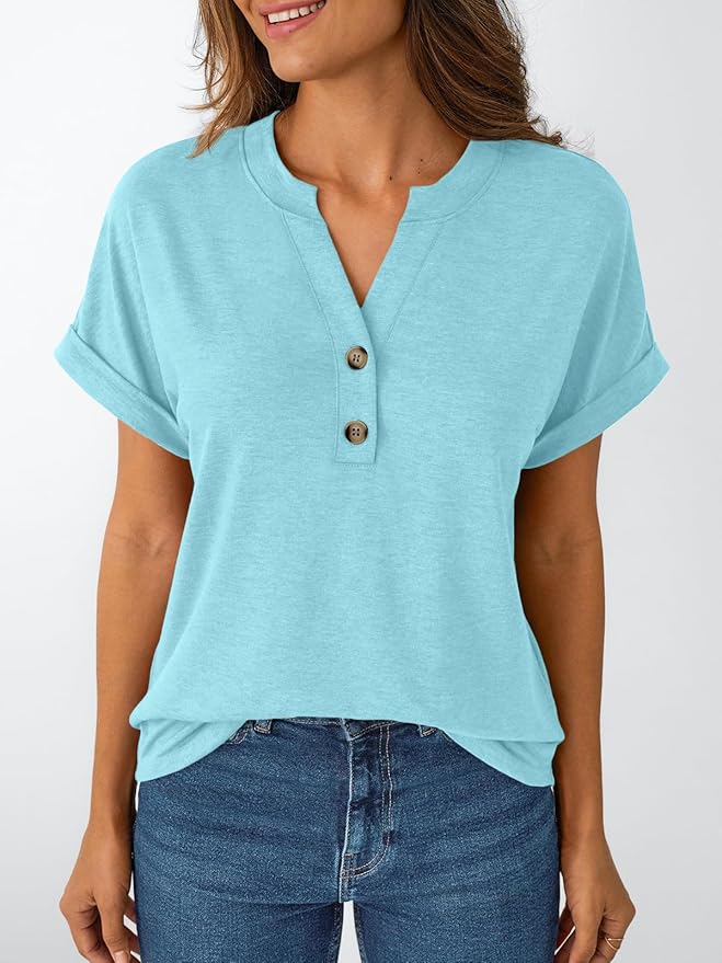 AUTOMET Women's Short Sleeve Shirts Henley Dressy Casual Summer Tops 2026 Spring Fashion Trendy Cute T-Shirts