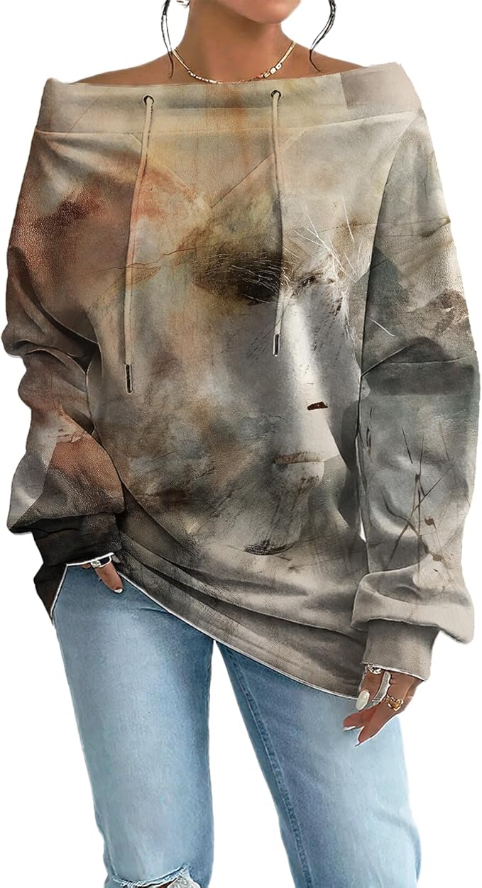 Womens Sweatshirts Floral Print Sexy Off The Shoulder T Shirts Oversized Long Sleeve Pullover Fall Tops