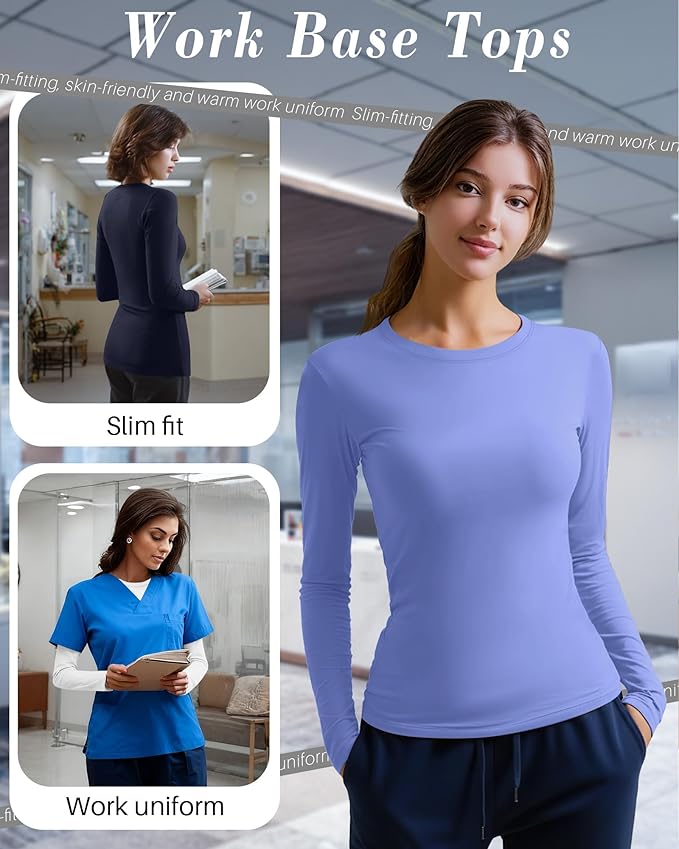 4 Pack Women's Underscrub Shirts Nurse Undershirts Long Sleeve Crewneck Slim Fit Tops Soft Stretchy Basic Tee