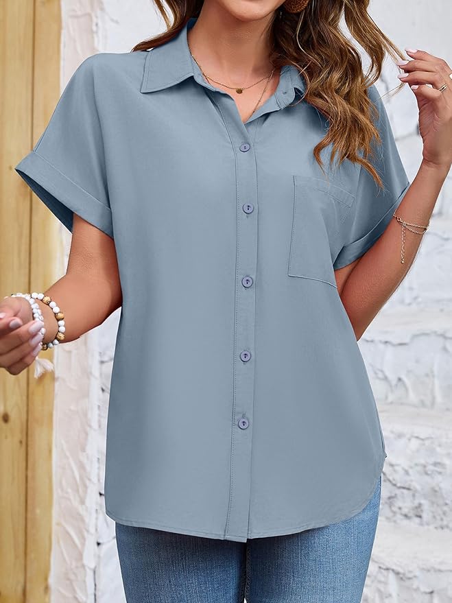 Womens Button Down Shirt Casual Short Sleeve Collared Work Blouse with Pocket