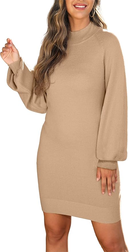 GRECERELLE 2026 Women's Mock Neck Ribbed Long Sleeve Bodycon Pullover Cute Mini Sweater Dress (XS-2XL)