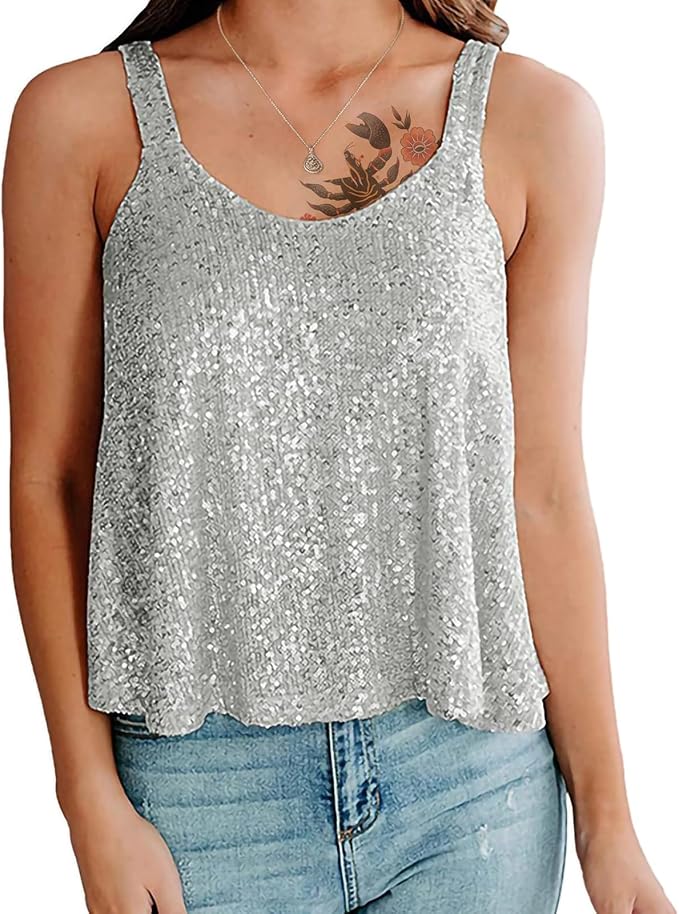 Sequin Top for Women Summer Scoop Neck Trendy Y2k Shining Shirts Casual Sleeveless Camisole Party Base Tank Tops