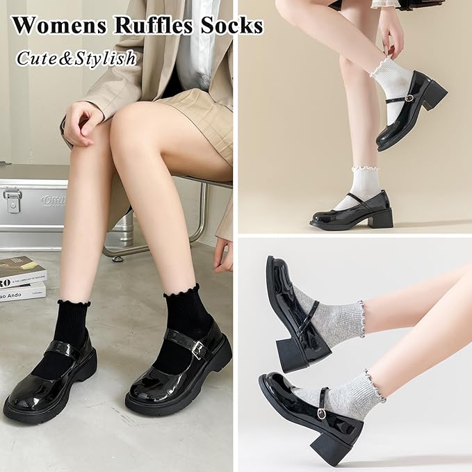 BIVOLU Womens Ankle Socks Ruffle Cotton Cute Frilly Trim Breathable Ankle Ruffled Socks 6 Pack