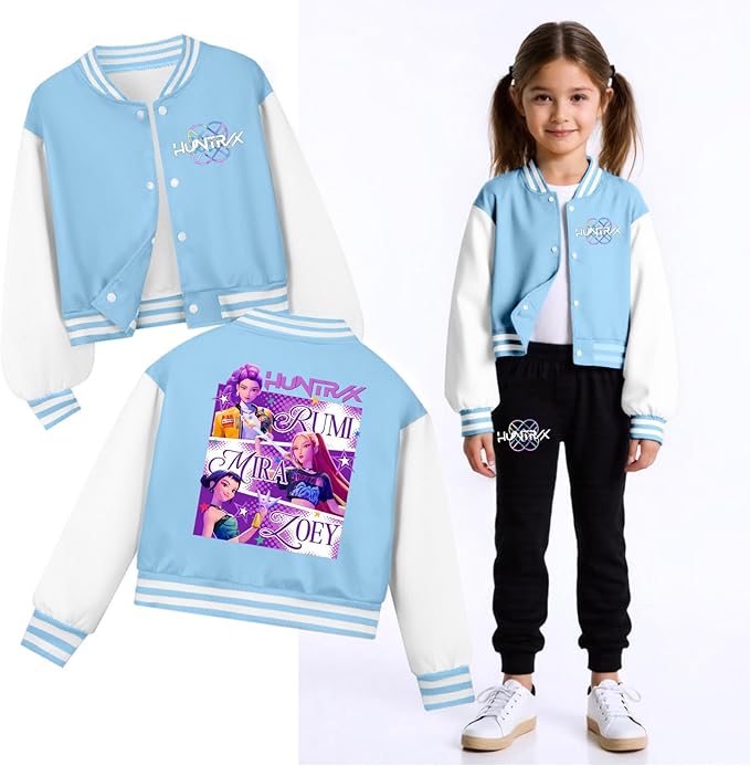 K PopGirls Kpop Tracksuit Cute Cartoon Print Baseball Coats Fashion Long Sleeve Jackets and Pants Christmas Costume Set