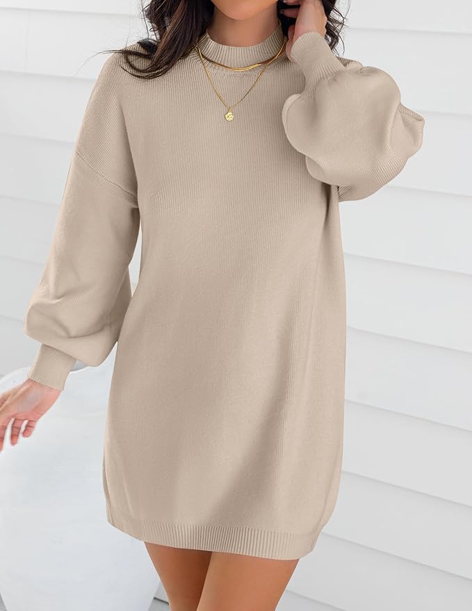 ZESICA Women's 2026 Fall Turtleneck Sweater Dress Oversized Long Lantern Sleeve Casual Knit Pullover Mini Dresses