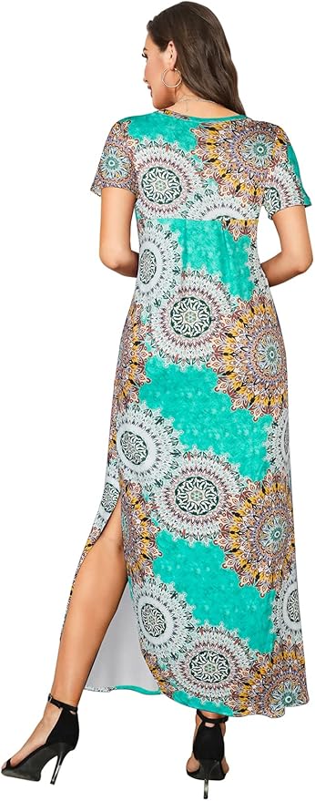 Arolina Women's Summer Maxi Dress Short Sleeve V Neck Casual Loose Long Beach Split Dresses with Pockets
