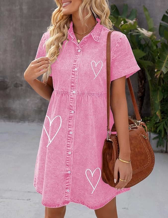 LookbookStore Women's Short Sleeve Button Down Flowy Tiered Babydoll Denim Dress